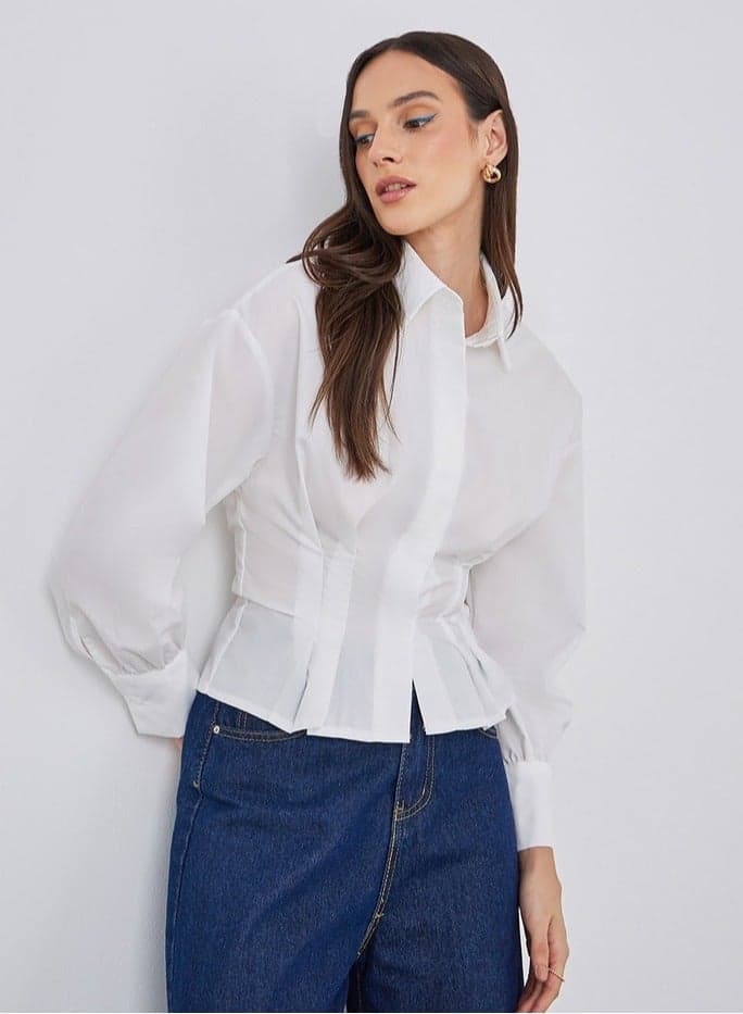 White Fold Pleated Fitted Crop Shirt - Image 1