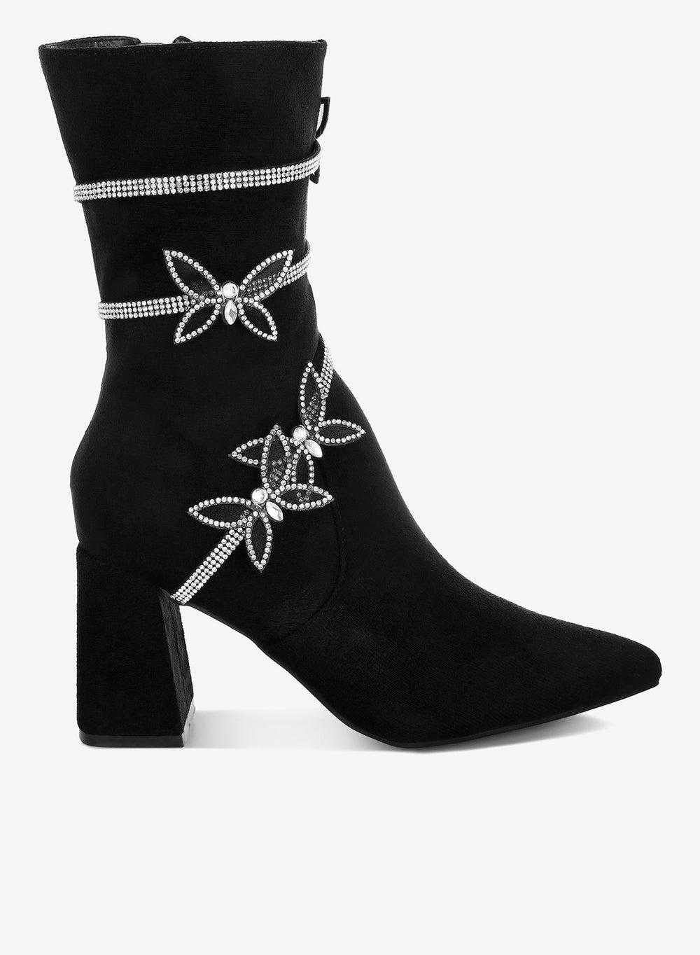 Black Rhinestone Brooch Wrap-Around Ankle Boots - Image 1