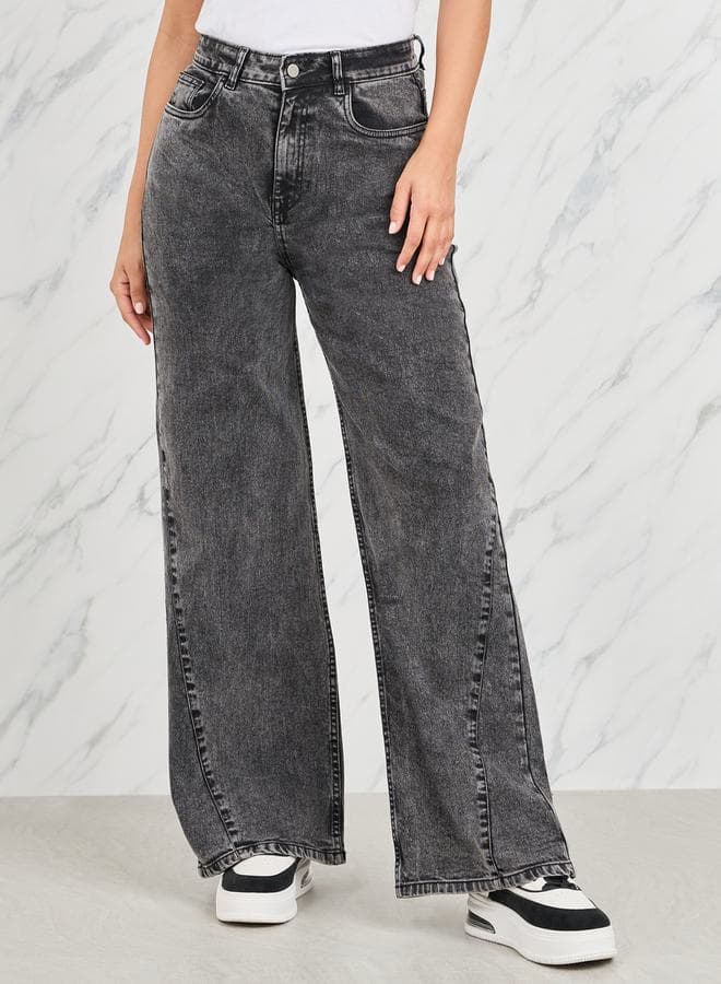 Side Cut and Sew Panel Straight Fit Jeans - Image 1