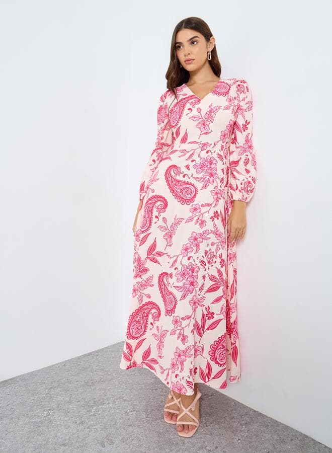 Styli Red All-Over Print Balloon Sleeve Maxi Dress - Image 1