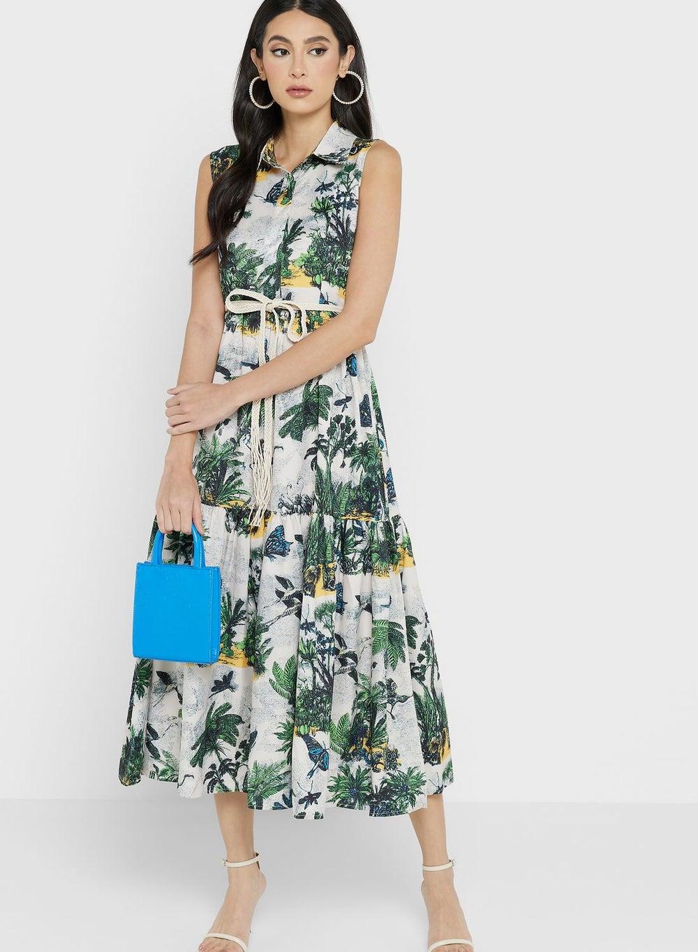 Tropical Print Midi Dress with Tie Waist - Image 1