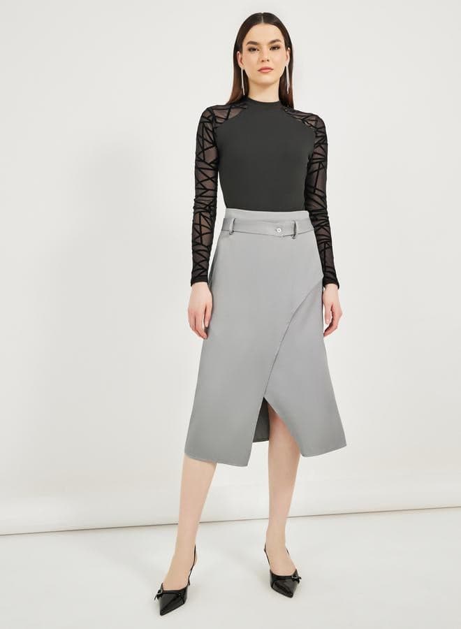 Solid Overlap Wrap Detail Midi Skirt - Image 1
