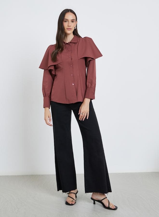 Styli Layered Sleeve Buttoned Brown Shirt - Image 1