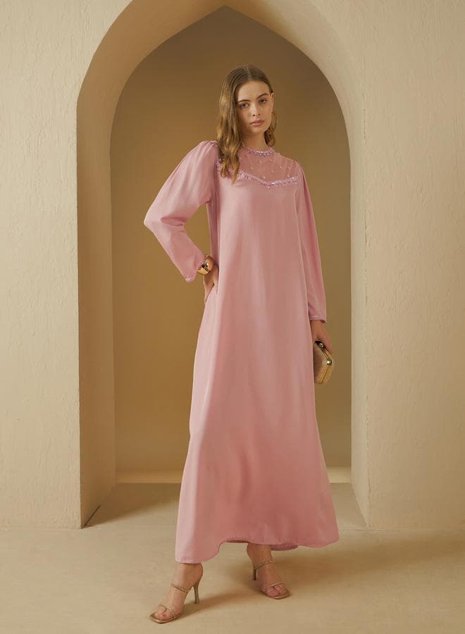Embellished Round Neck Mesh Insert A-Line Jalabiyah - Image 1