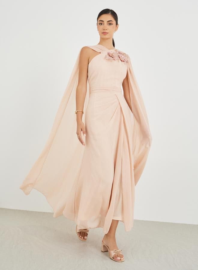 Styli Embellished Halter Neck Cape Overlay Maxi Dress - Image 1