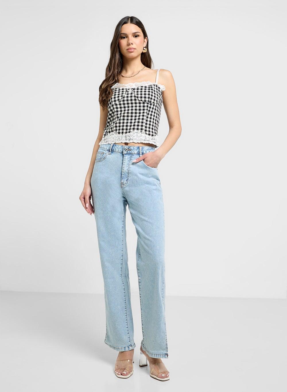 Stone Wash Straight Fit Jeans With Slit - Image 1