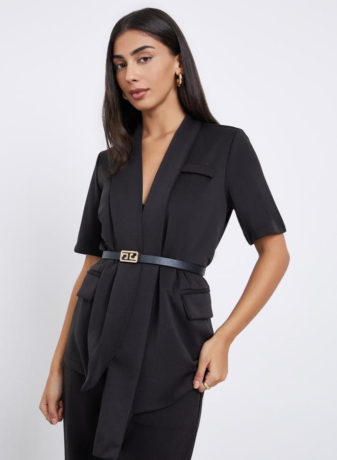Styli Black Longline Belted Blazer with Shawl Collar - Image 1
