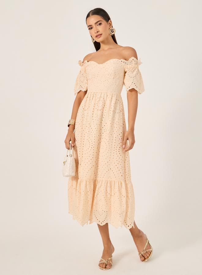 Styli Schiffli Off Shoulder Cream Midi Dress - Image 1