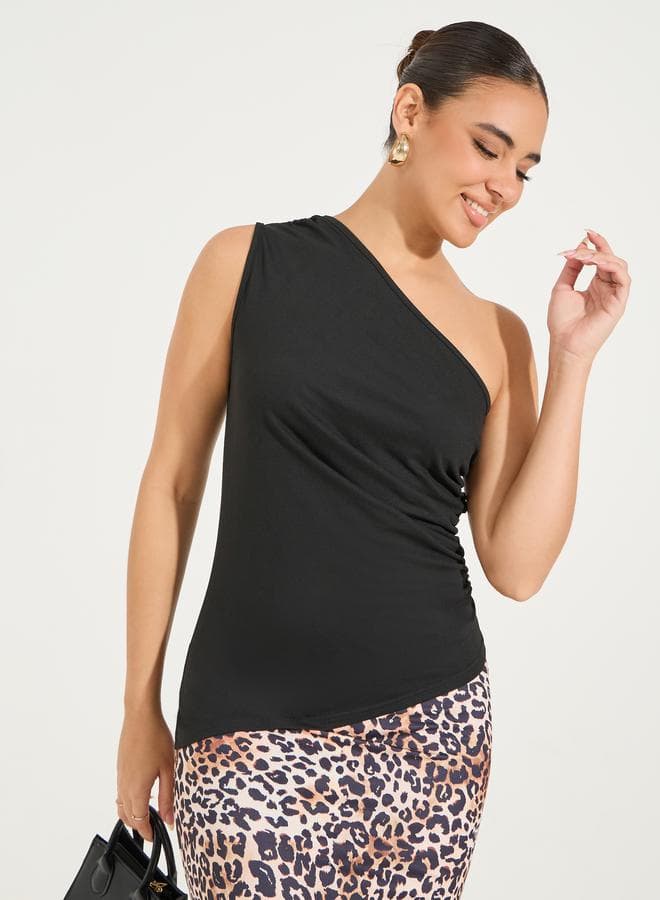 Solid One Shoulder Top with Gathered Detail - Image 1