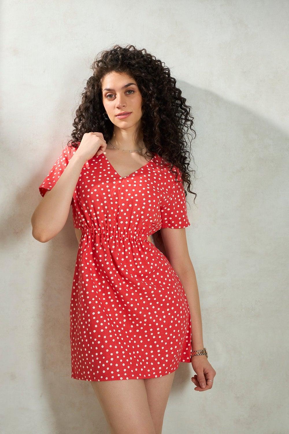 Virgio Polka Dots Coral A-Line Mini Dress - Image 1