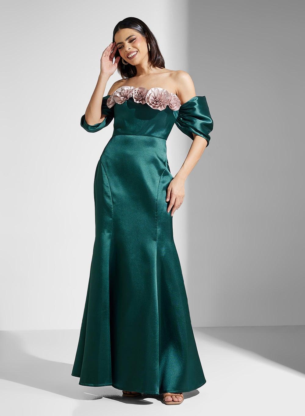 Deep Teal Floral Off-Shoulder Maxi Dress - Image 1