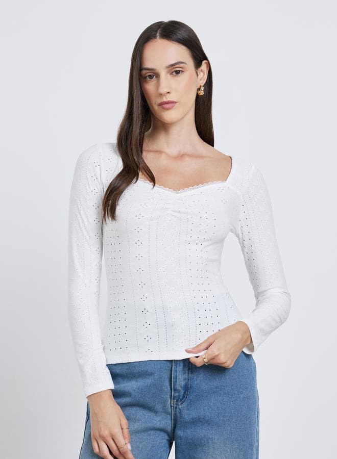 Styli White Eyelet Long Sleeve Blouse - Image 1