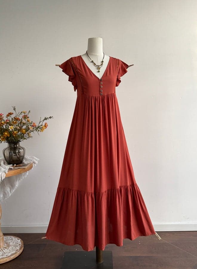 Rust Frill Sleeve Maxi Dress - Image 1