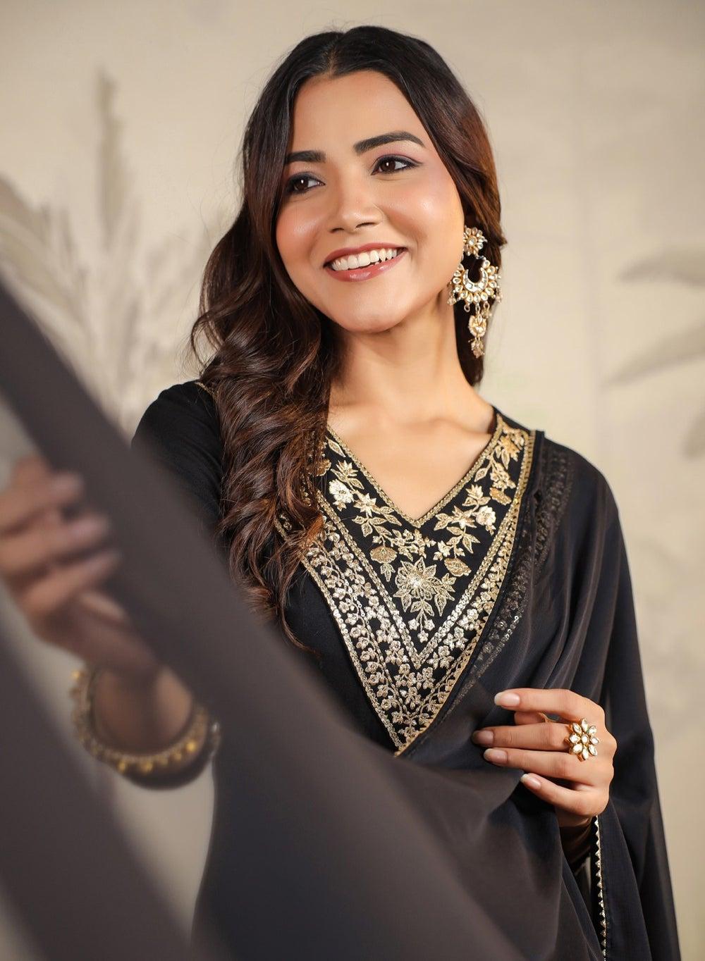 Black Rayon Embroidered V-Neck Kurta 3-Piece Set - Image 1