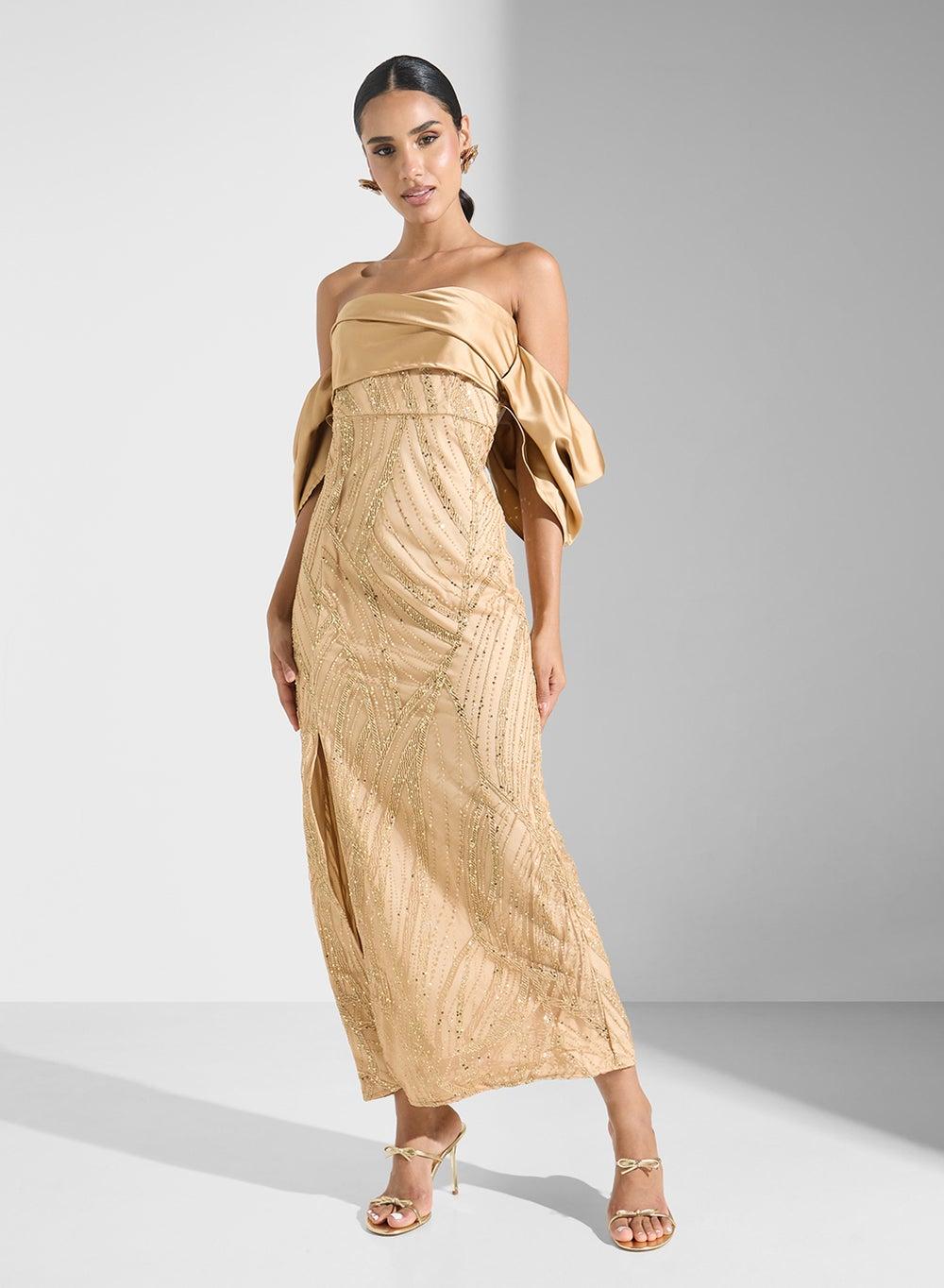 Beaded Gold Off-Shoulder Maxi Dress - Image 1