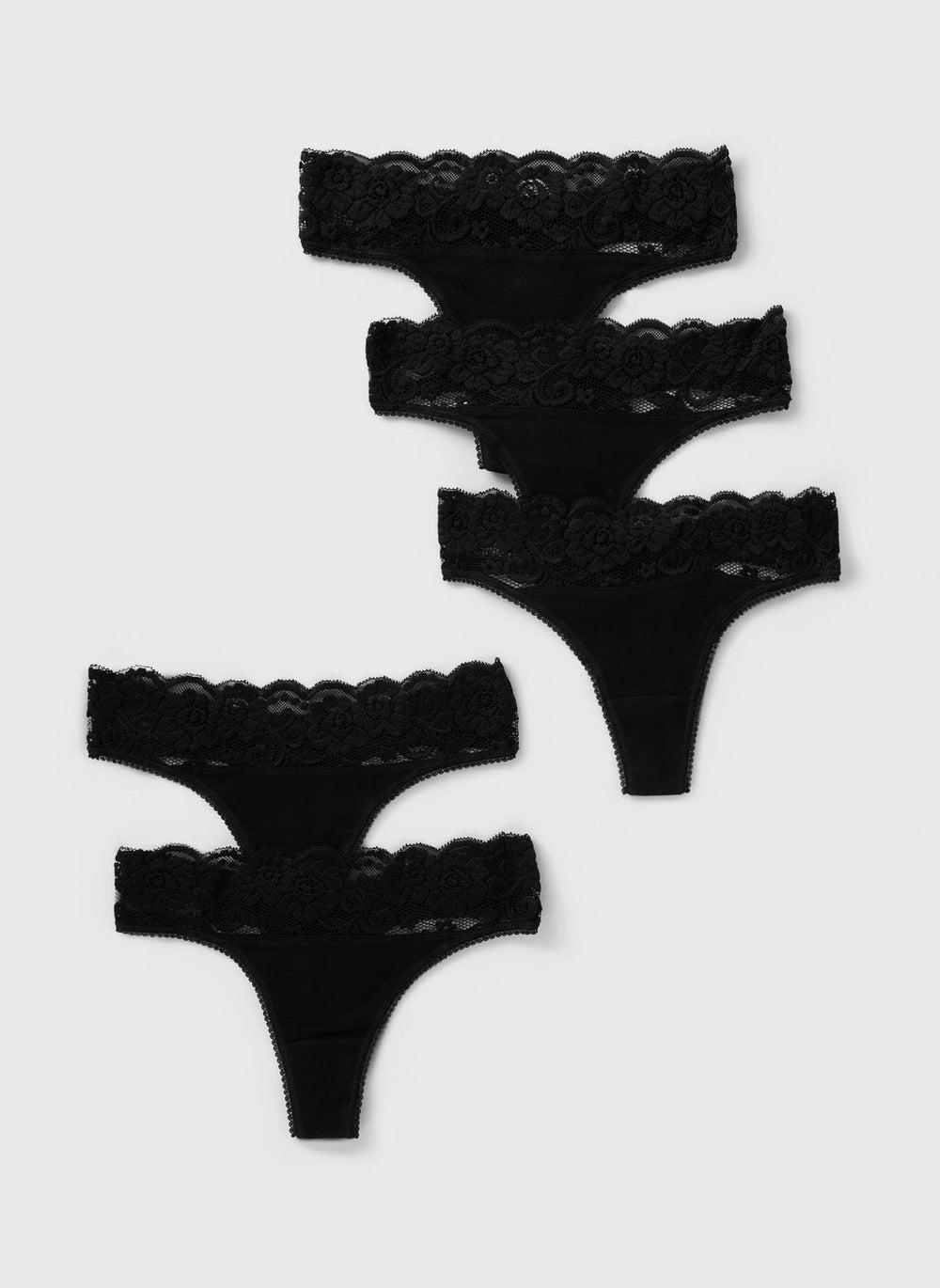 5 Pack Black Lace Trim Thong Knickers - Image 1