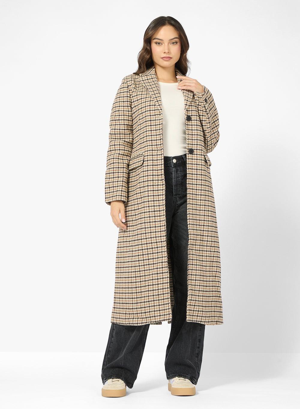 Woolen Longline Checkered Trench Coat - Image 1
