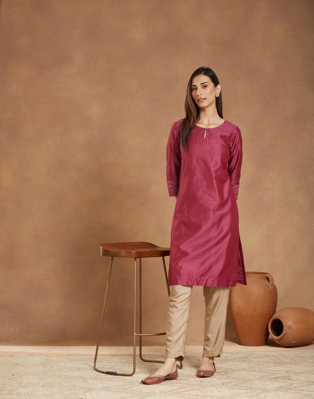 Wine Cotton Silk Embroidered Knee-Length Kurta - Image 1