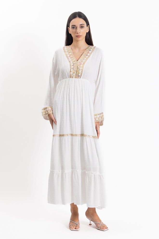 Embroidered White Maxi Dress with Tiered Skirt - Image 1