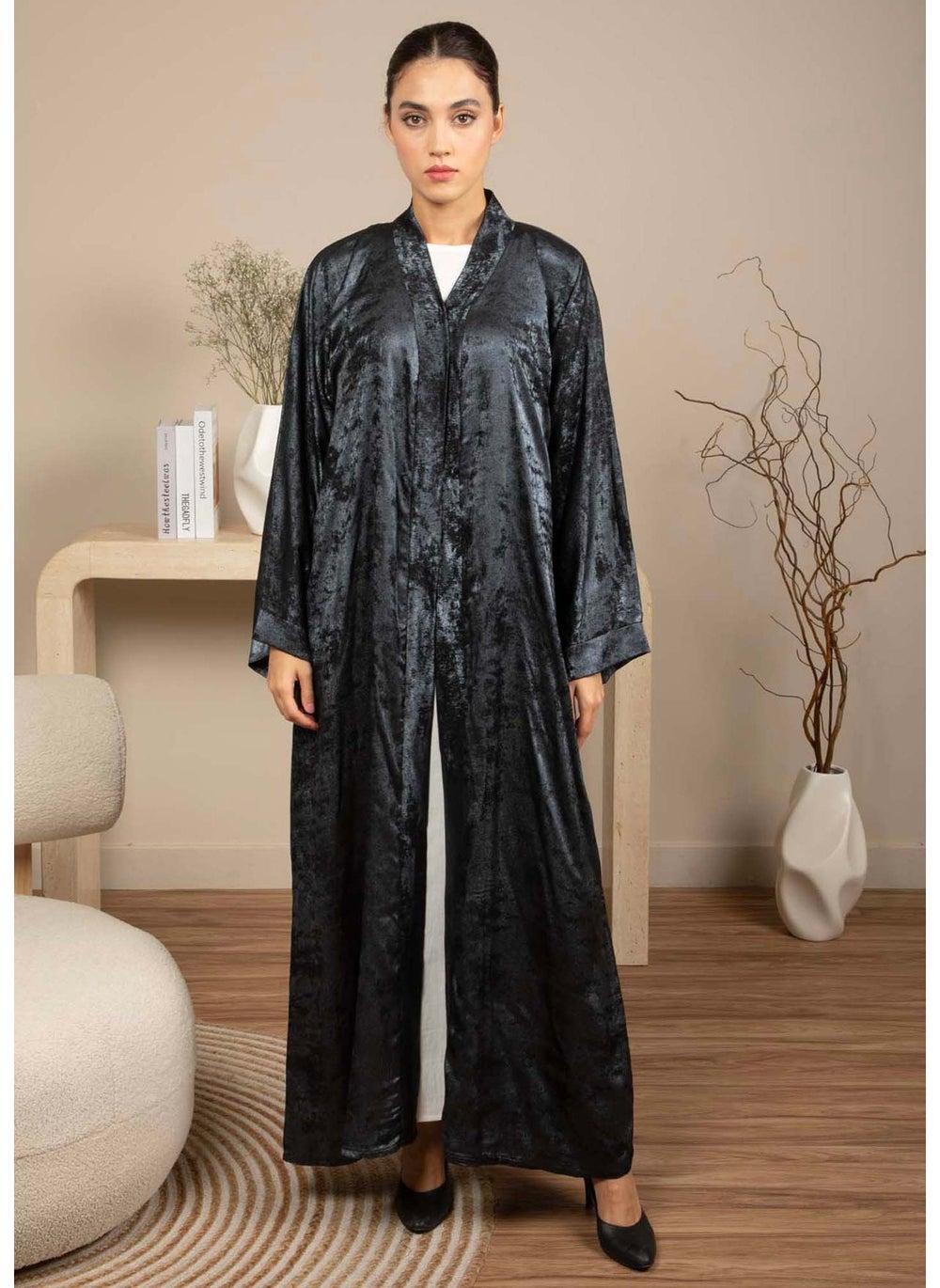 Front Open Navy Blue and Black Silk Abaya - Image 1