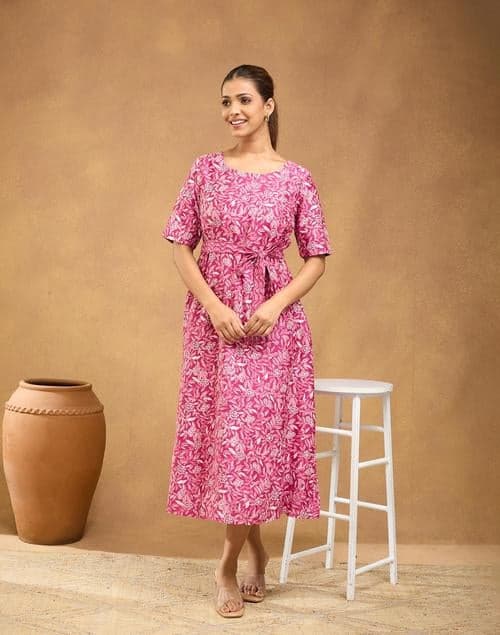 Pink Cotton Silk Printed Midi Dress - Image 1