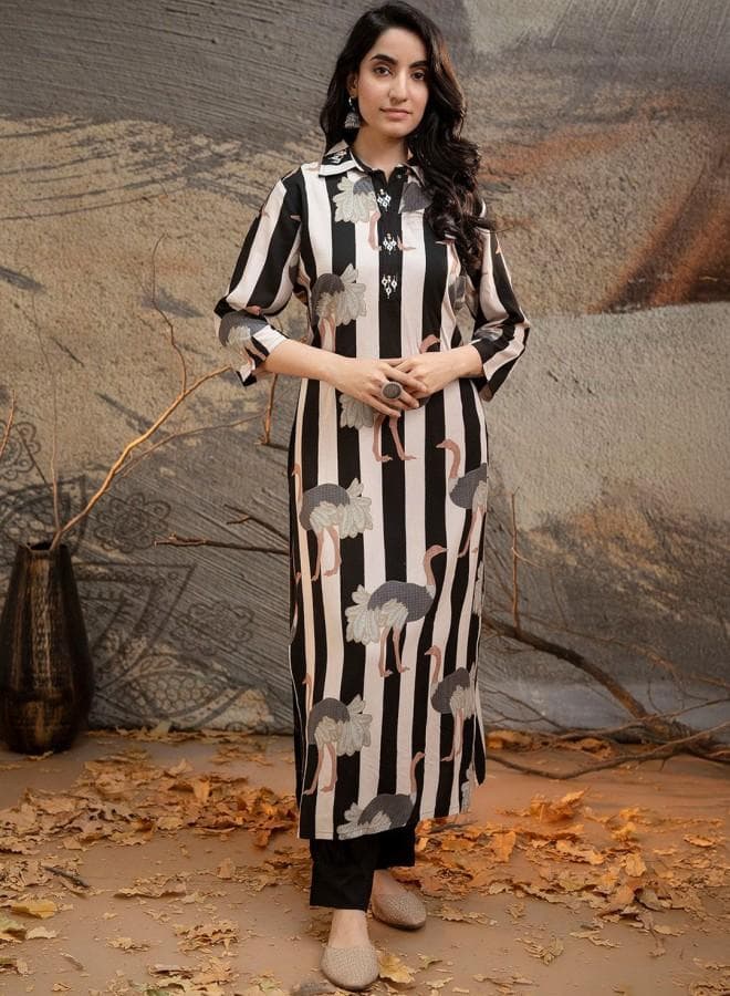 Black Rayon Embroidered Tunic Palazzo Kurta Set - Image 1