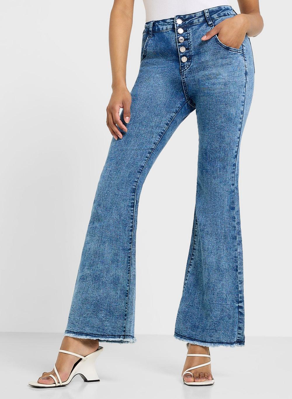 High Rise Bootcut Jeans with Frayed Hem - Image 1