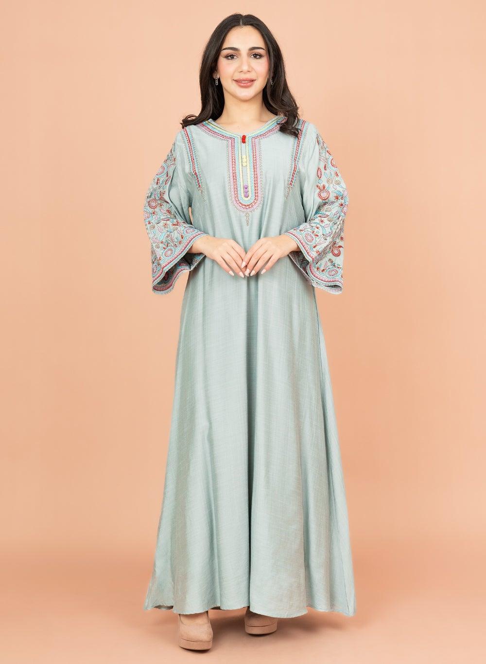 Blue Mandarin Collar Hand Embroidered Jalabiya IK4004 - Image 1
