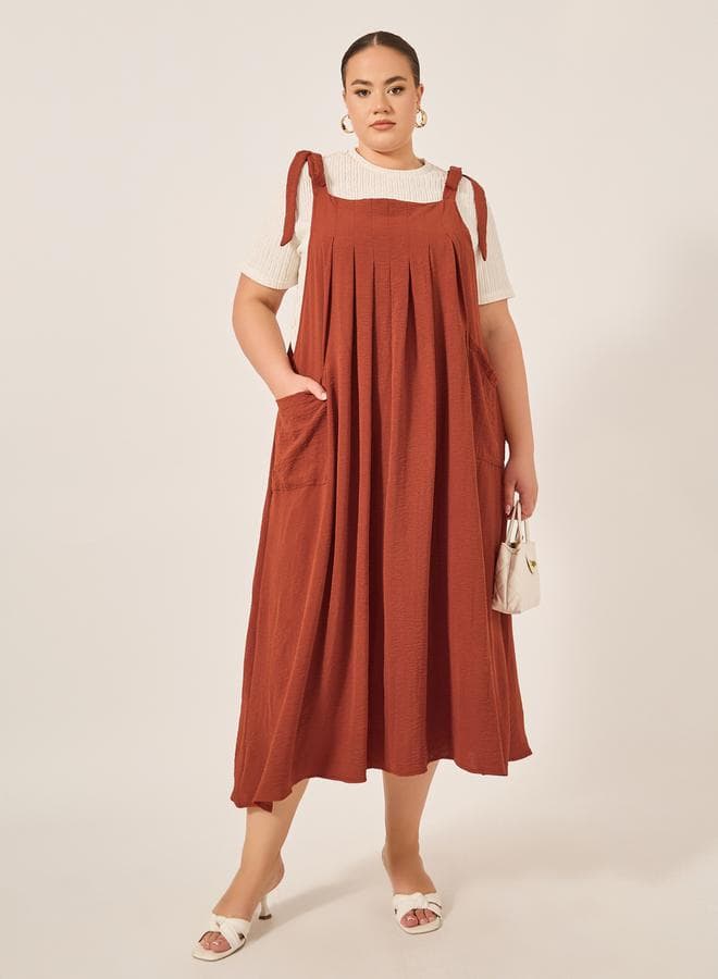 Plus Size Pleated Pinafore Midi Dress with Pockets - Image 1