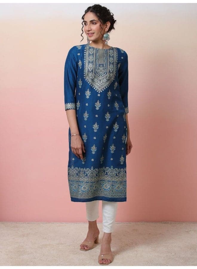 Navy Blue Foil Print Viscose Straight Kurta - Image 1