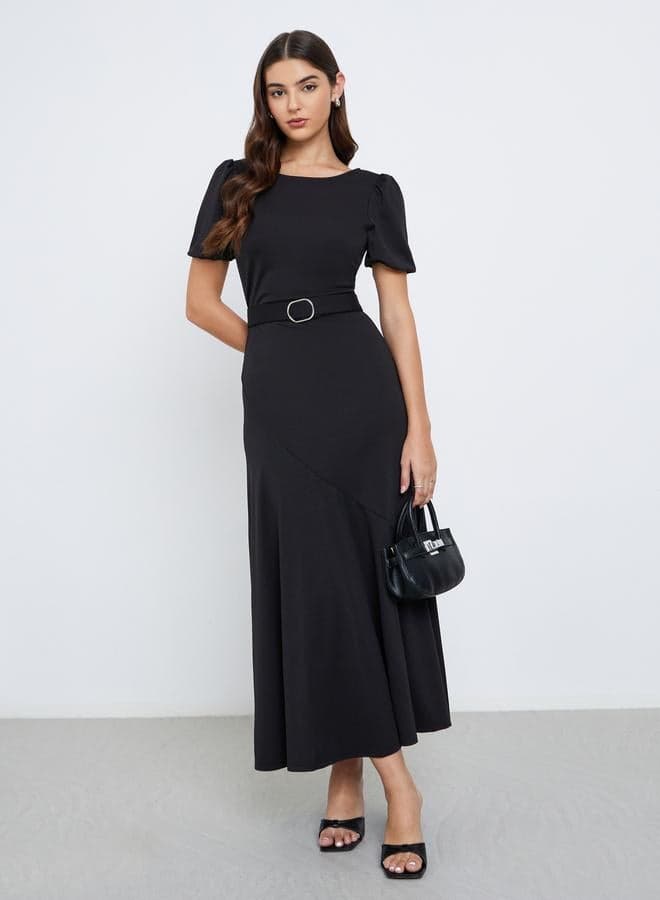 Styli Black Puff Sleeve Maxi Dress with Buckle Accent - Image 1