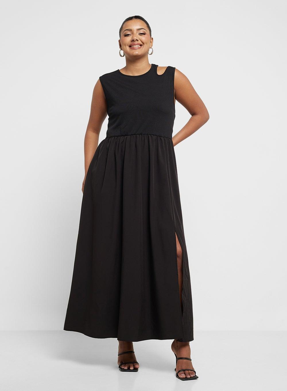 Cutout Shoulder Black Maxi Dress - Image 1