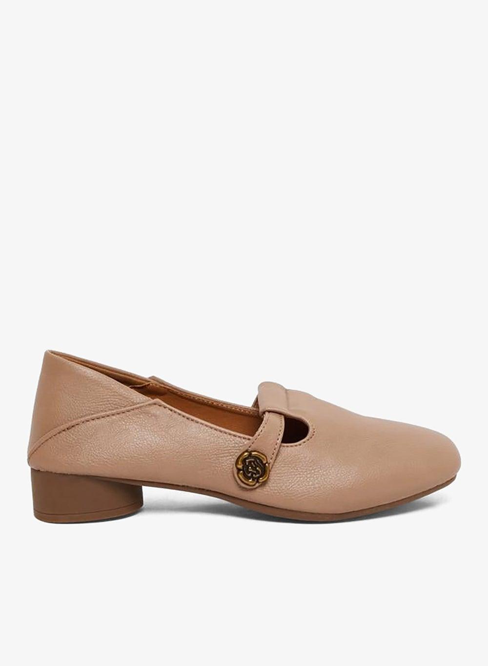 Floral Metal Buckle Brown Block Heel Flats - Image 1