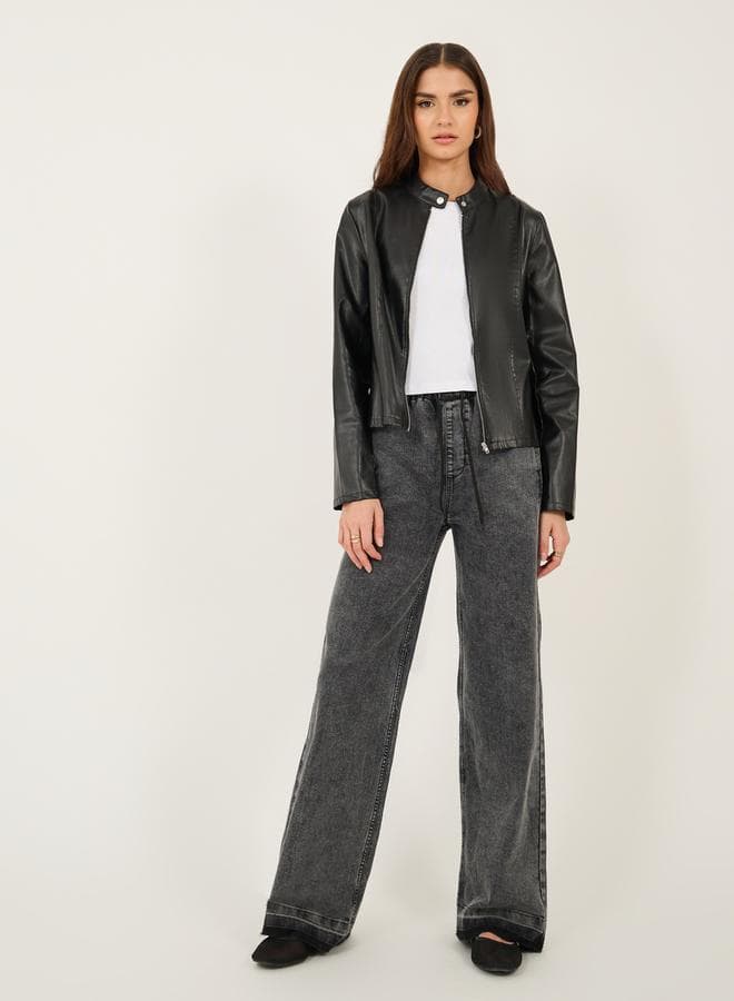 Styli High Rise Wide Leg Jeans with Frayed Hem - Image 1