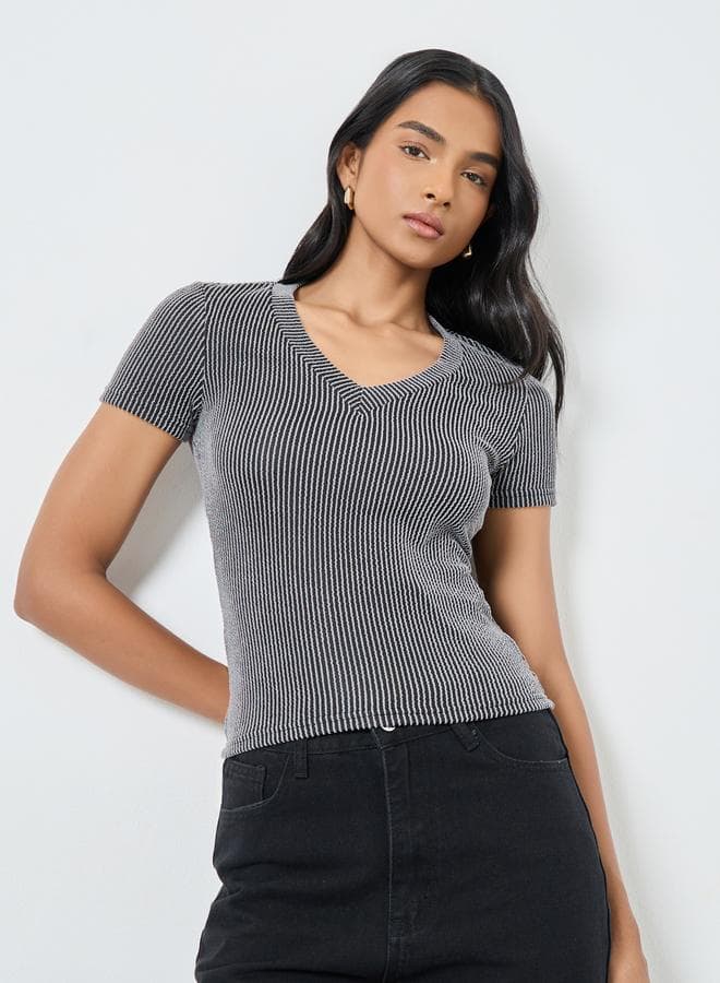 Take Two Striped Textured V-Neck Knitted Top - Image 1