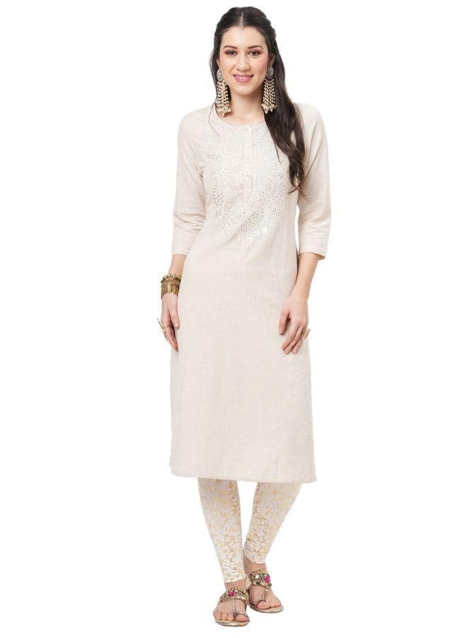 Natural Hued Self Sequins Embroidered Kurti - Image 1