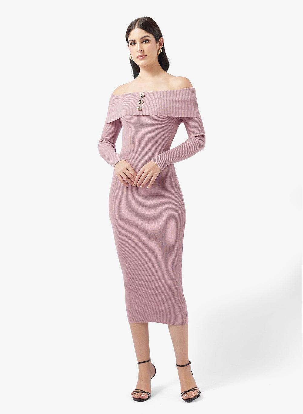 Button Detail Off Shoulder Mink Knit Maxi Dress - Image 1