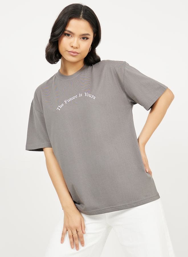 Oversized Embroidered Slogan Drop Shoulder T-Shirt - Image 1