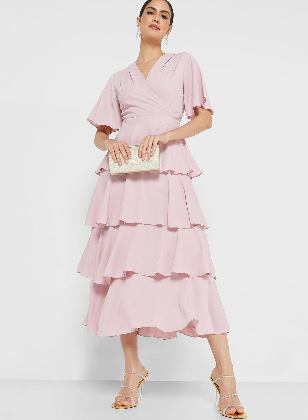 Layered Midi Dress with Ruffled Sleeves - Image 1