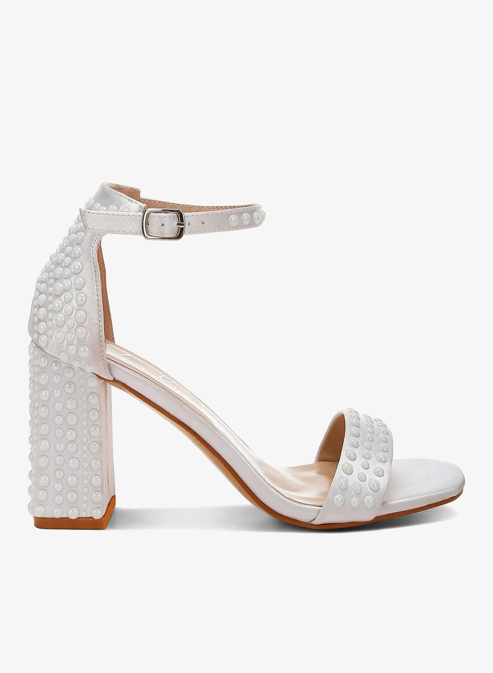 Pearl-Embellished Off White Satin Heeled Sandals - Image 1
