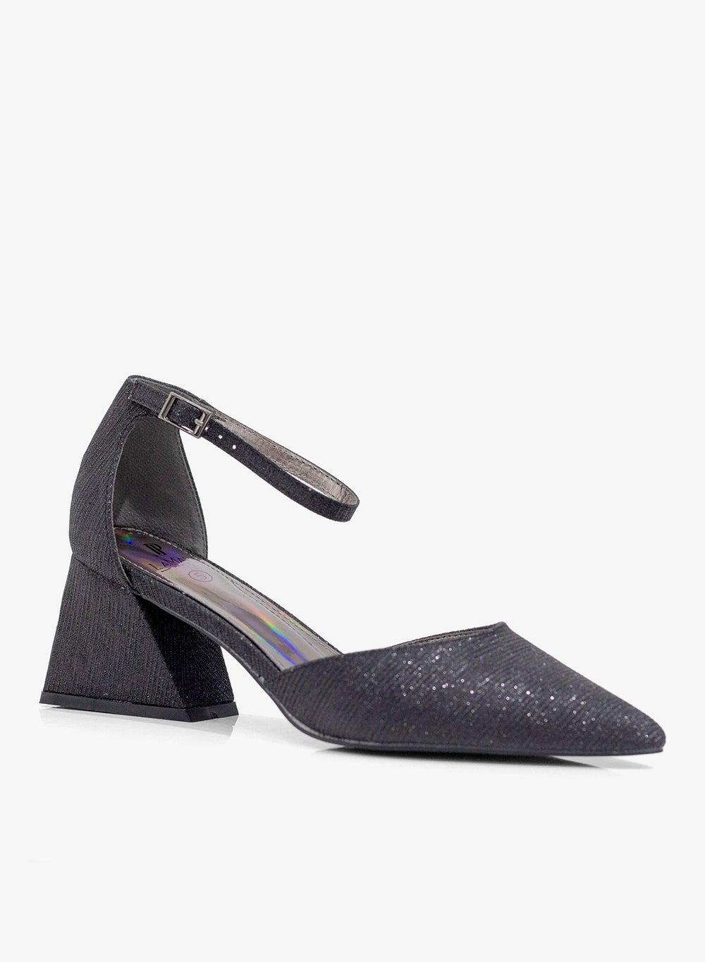 Mibala 6cm Heel Black Shimmer Ankle Strap Pumps - Image 1