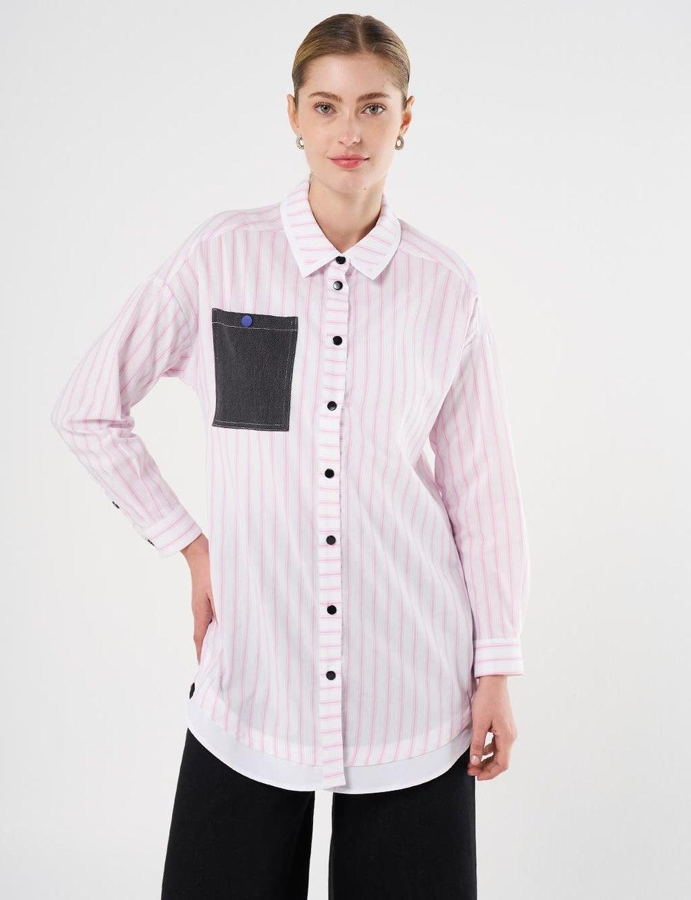 Candy Pink Denim-Trimmed Striped Modest Tunic - Image 1