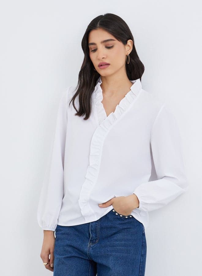 Solid V Neck Ruffle Detail Blouse - Image 1