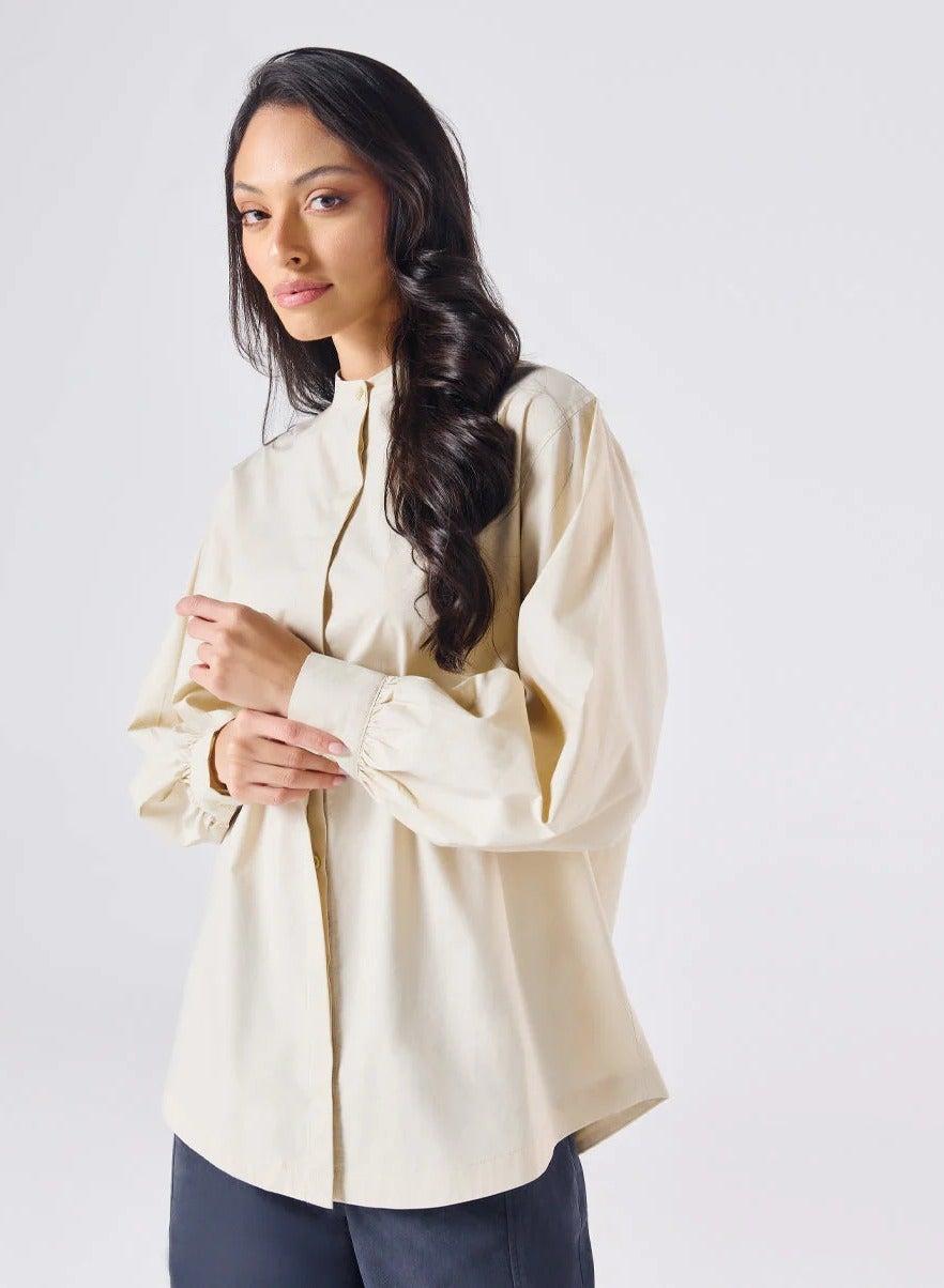Mandarin Collar Oversized Cotton Shirt in Light Beige - Image 1