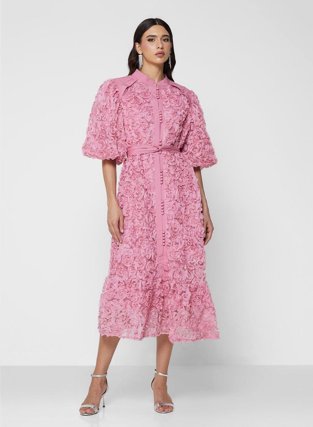 3D Floral Puff Sleeve Midi Shirt Dress - Image 1