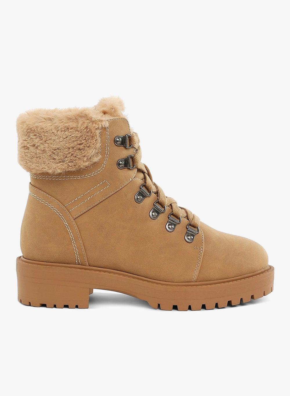 Beige Faux Fur Collar Ankle Boots - Image 1