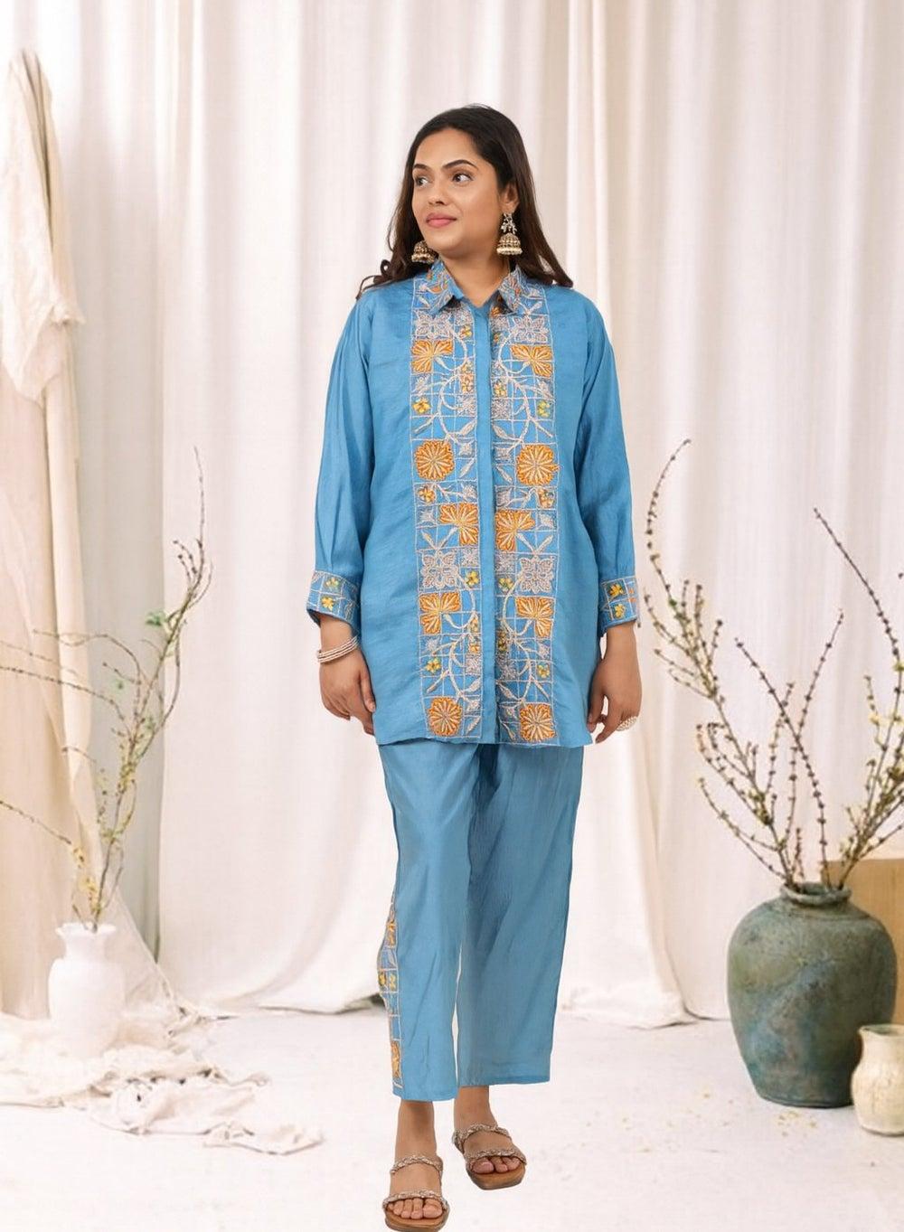 Blue Embroidered Kurta Pant Co-Ord Set - Image 1
