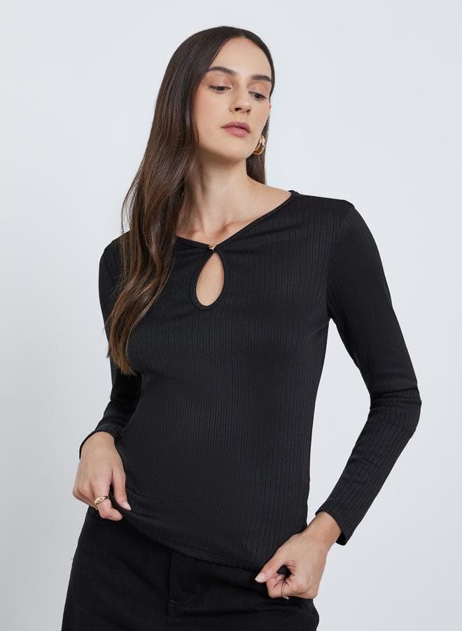 Styli Black Ribbed Knit Top with Keyhole Detail - Image 1