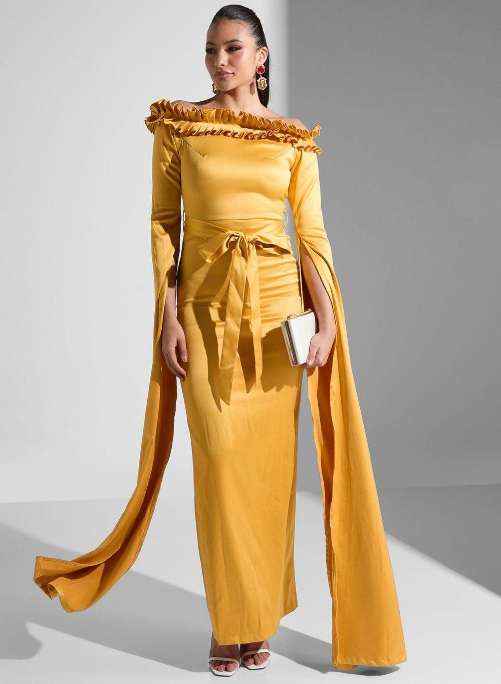 Bright Yellow Off-Shoulder Evening Dress with Ruffle Trim - Image 1