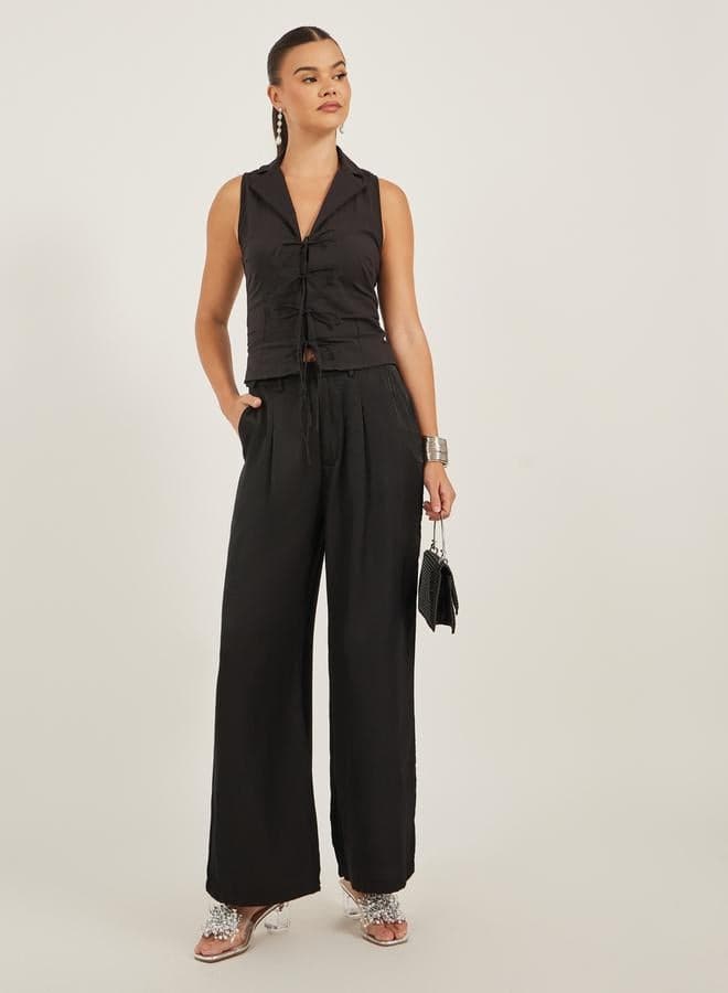 Solid Pleated Wide Leg Pants with Belt Loops - Image 1